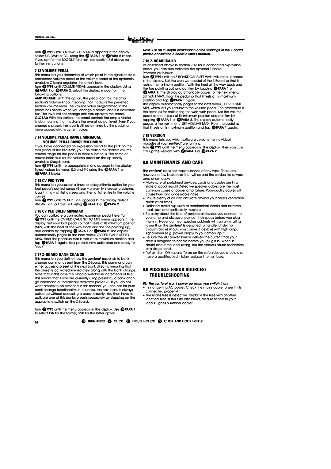 Hughes & Kettner DSM manual Maintenance And Care, Volume Pedal, Z-Boardcalib, Cv Ped Type, Cv Ped Calib Min/Max, Version 