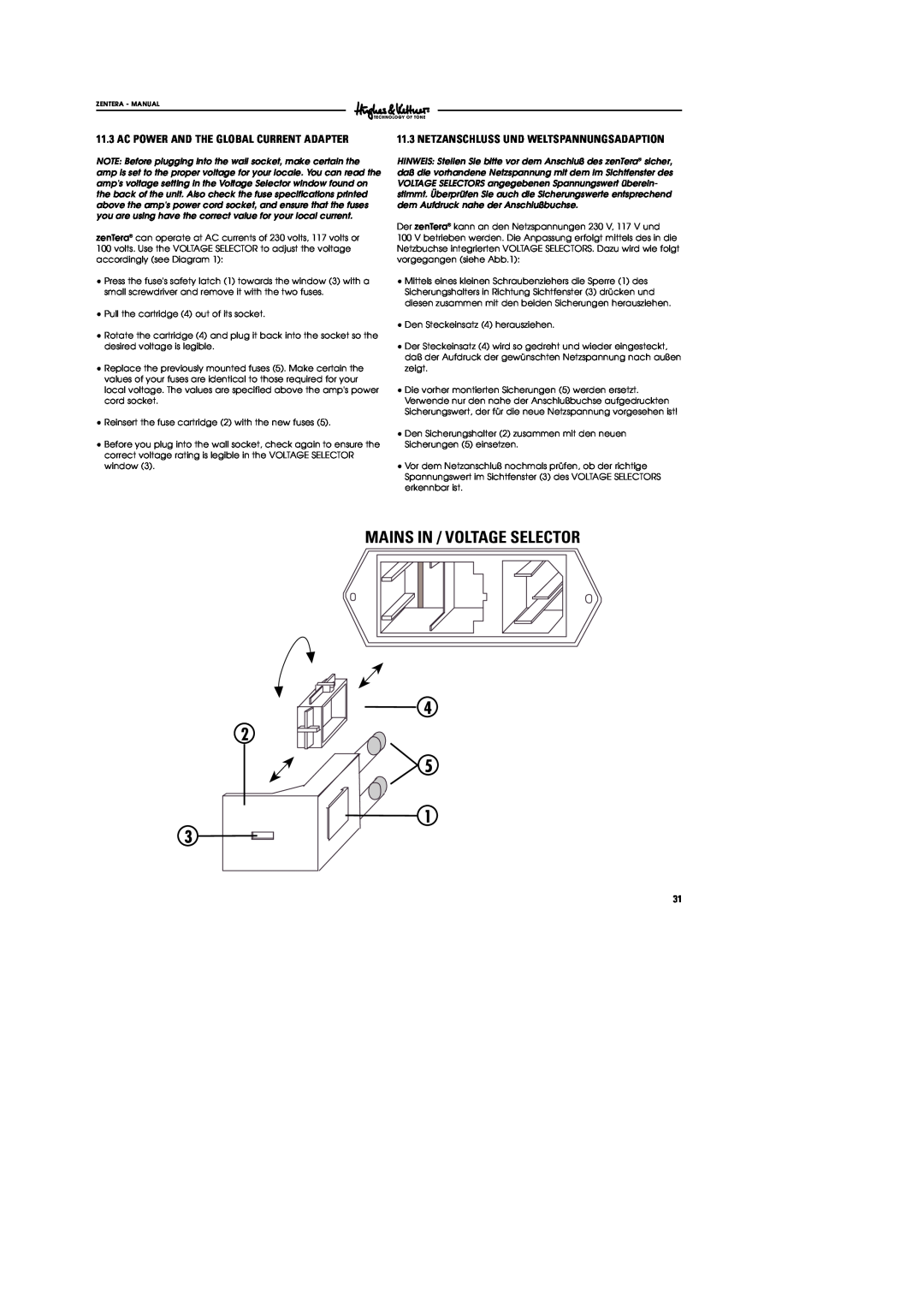 Hughes & Kettner DSM manual Ac Power And The Global Current Adapter, Netzanschluss Und Weltspannungsadaption 