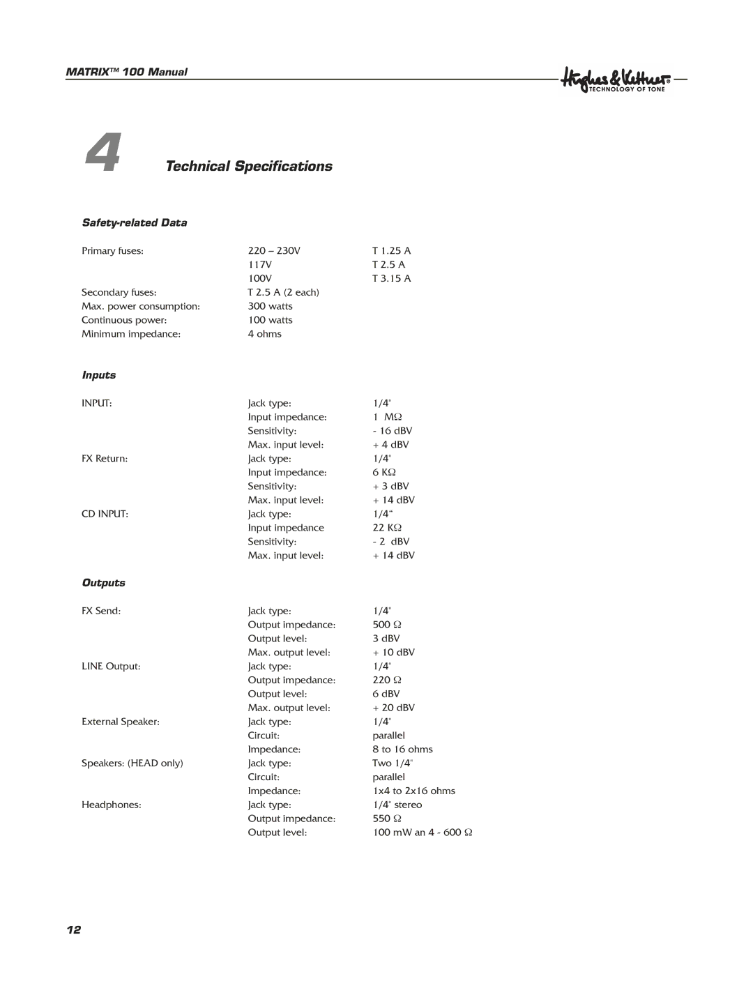 Hughes & Kettner Matrix 100 manual Technical Speciﬁcations, Safety-related Data, Inputs, Outputs 