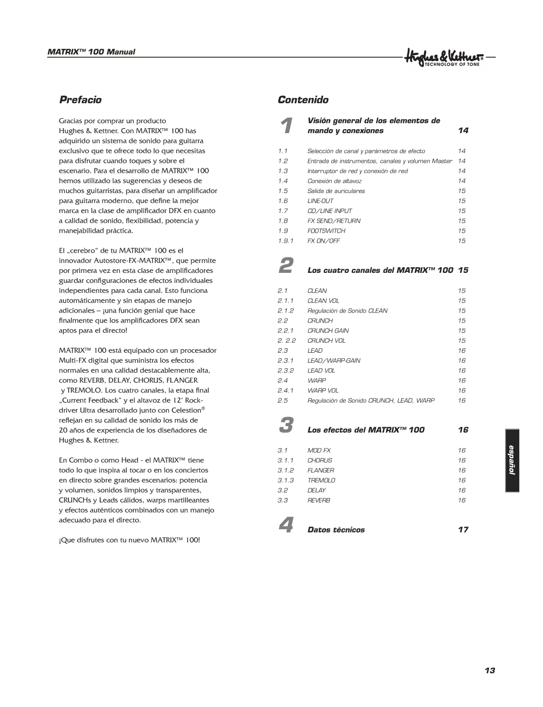 Hughes & Kettner Matrix 100 manual Prefacio Contenido 