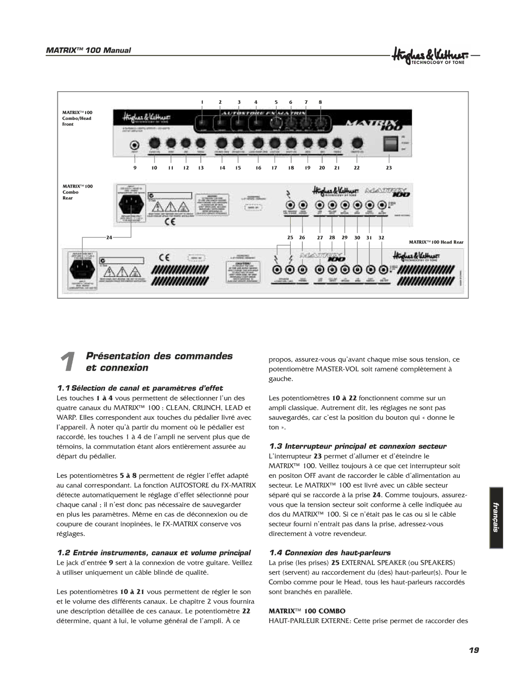 Hughes & Kettner Matrix 100 manual Présentation des commandes et connexion, Sélection de canal et paramètres d’effet 