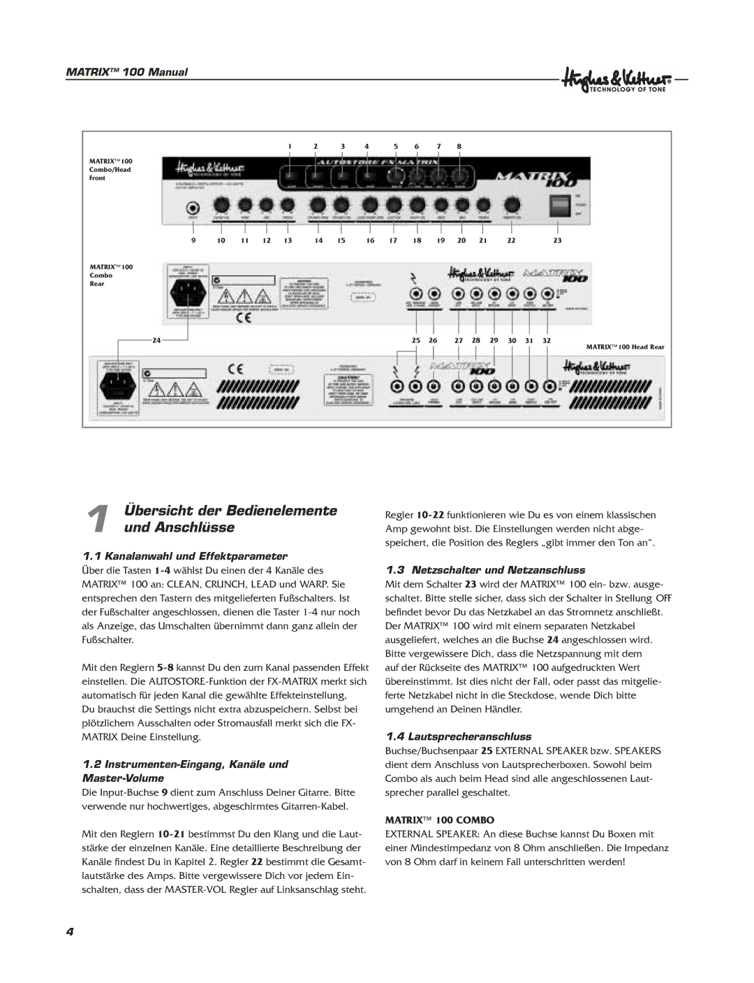 Hughes & Kettner Matrix 100 manual Übersicht der Bedienelemente und Anschlüsse, Kanalanwahl und Effektparameter 