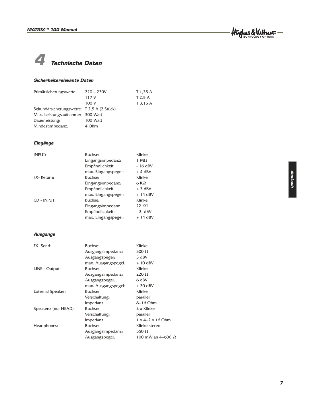 Hughes & Kettner Matrix 100 manual Technische Daten, Sicherheitsrelevante Daten, Eingänge, Ausgänge 