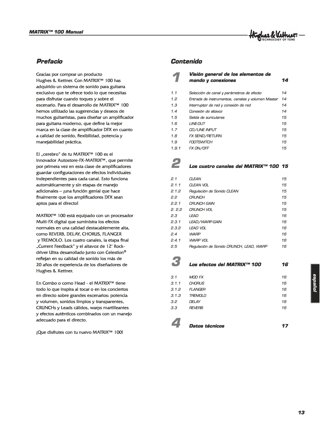 Hughes & Kettner Matrix 100 manual Prefacio, Contenido, español 