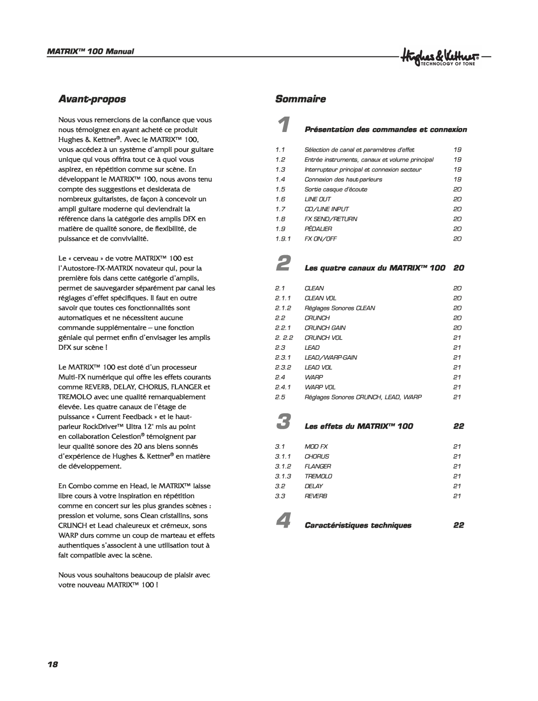 Hughes & Kettner Matrix 100 manual Avant-propos, Sommaire, MATRIX 100 Manual, Présentation des commandes et connexion 