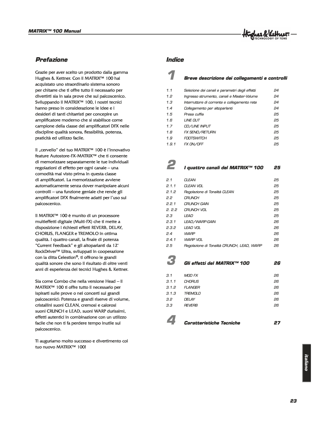 Hughes & Kettner Matrix 100 manual Prefazione, Indice, MATRIX 100 Manual, Breve descrizione dei collegamenti e controlli 