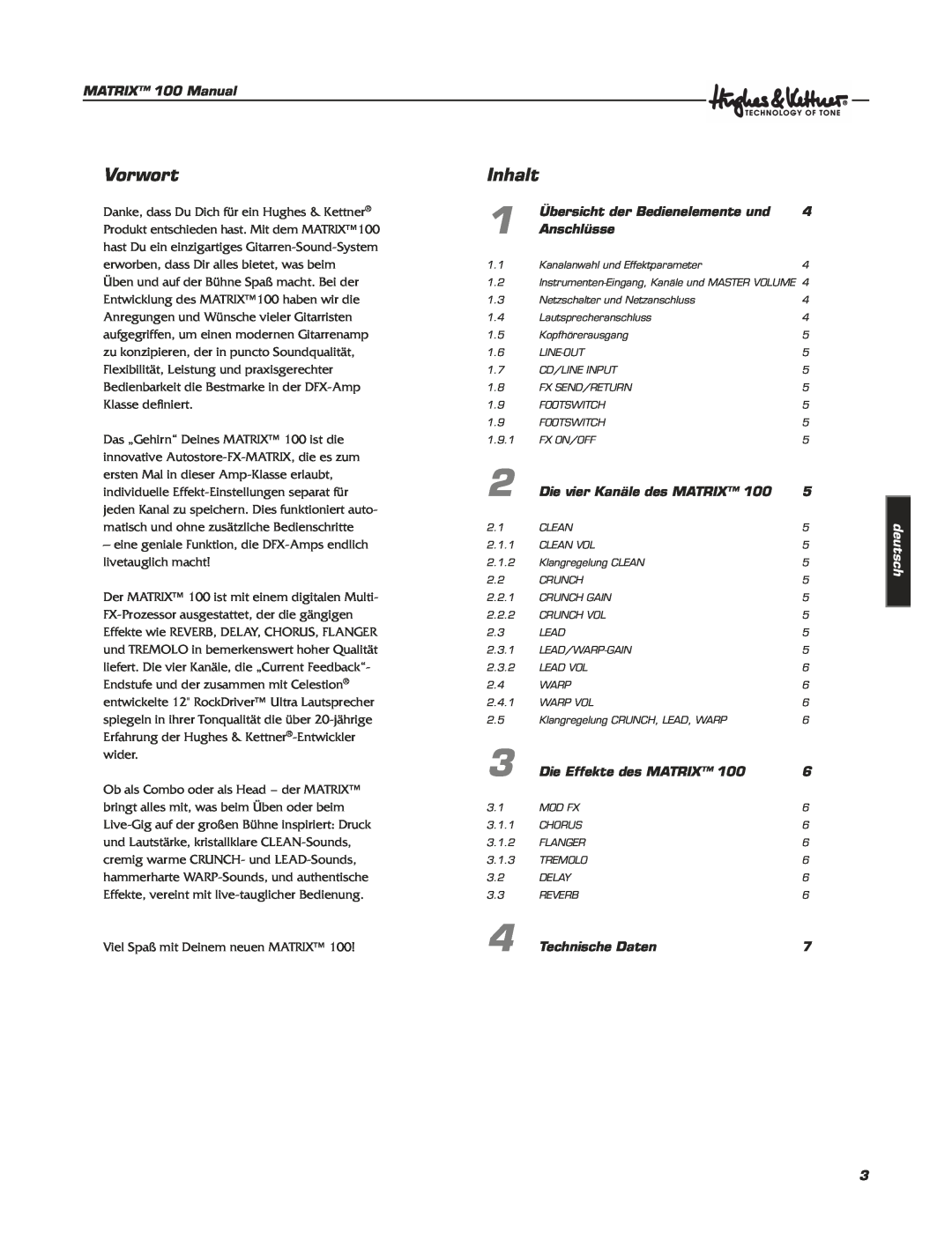 Hughes & Kettner Matrix 100 manual Vorwort, Inhalt, deutsch 