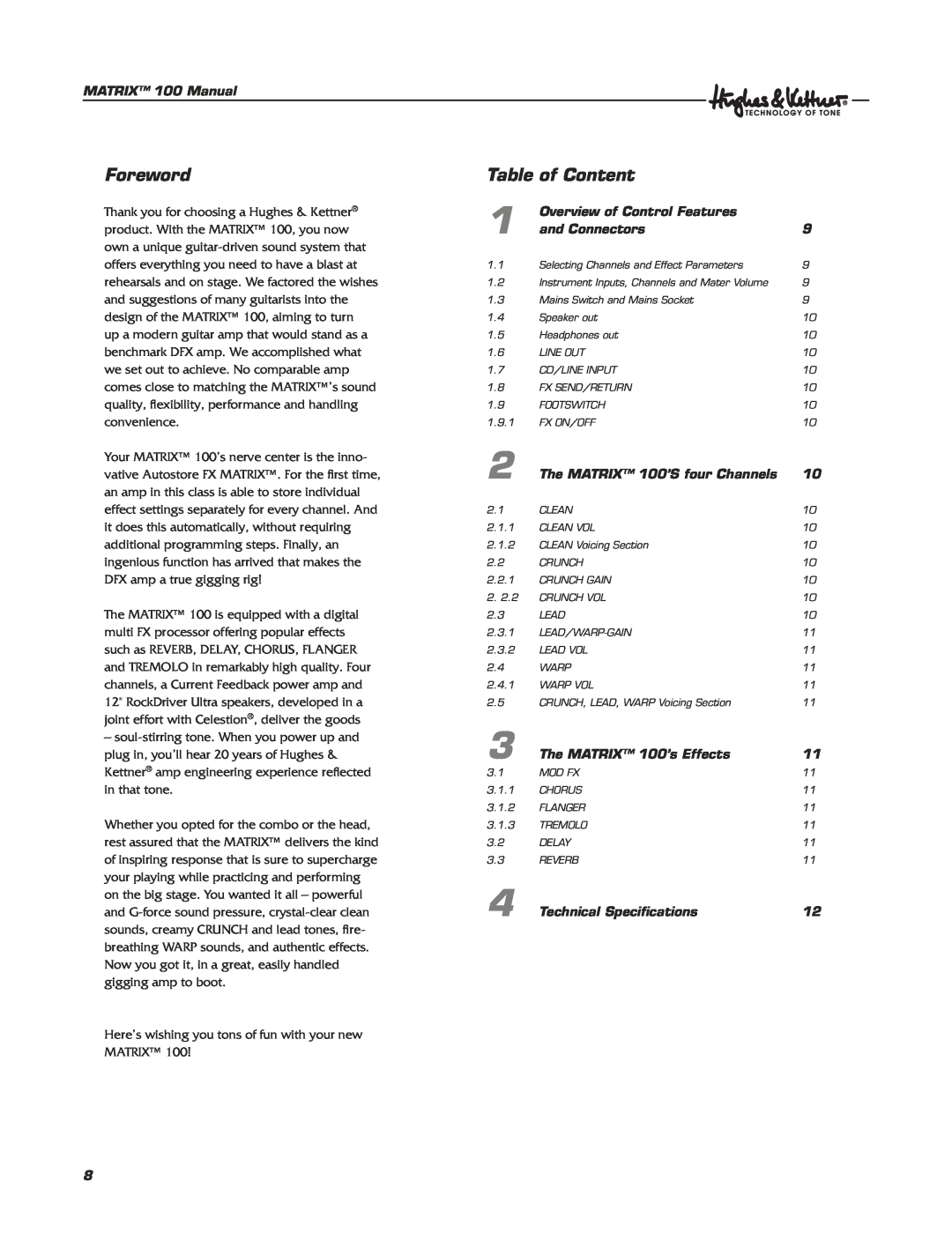 Hughes & Kettner Matrix 100 manual Foreword, Table of Content 