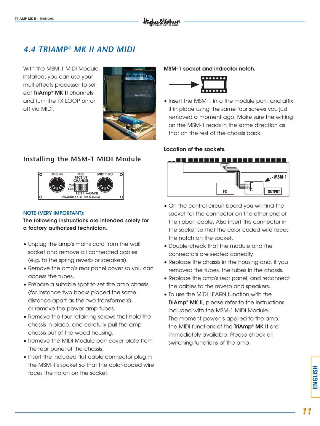 Hughes & Kettner manual Triamp MK II and Midi, Installing the MSM-1 Midi Module 