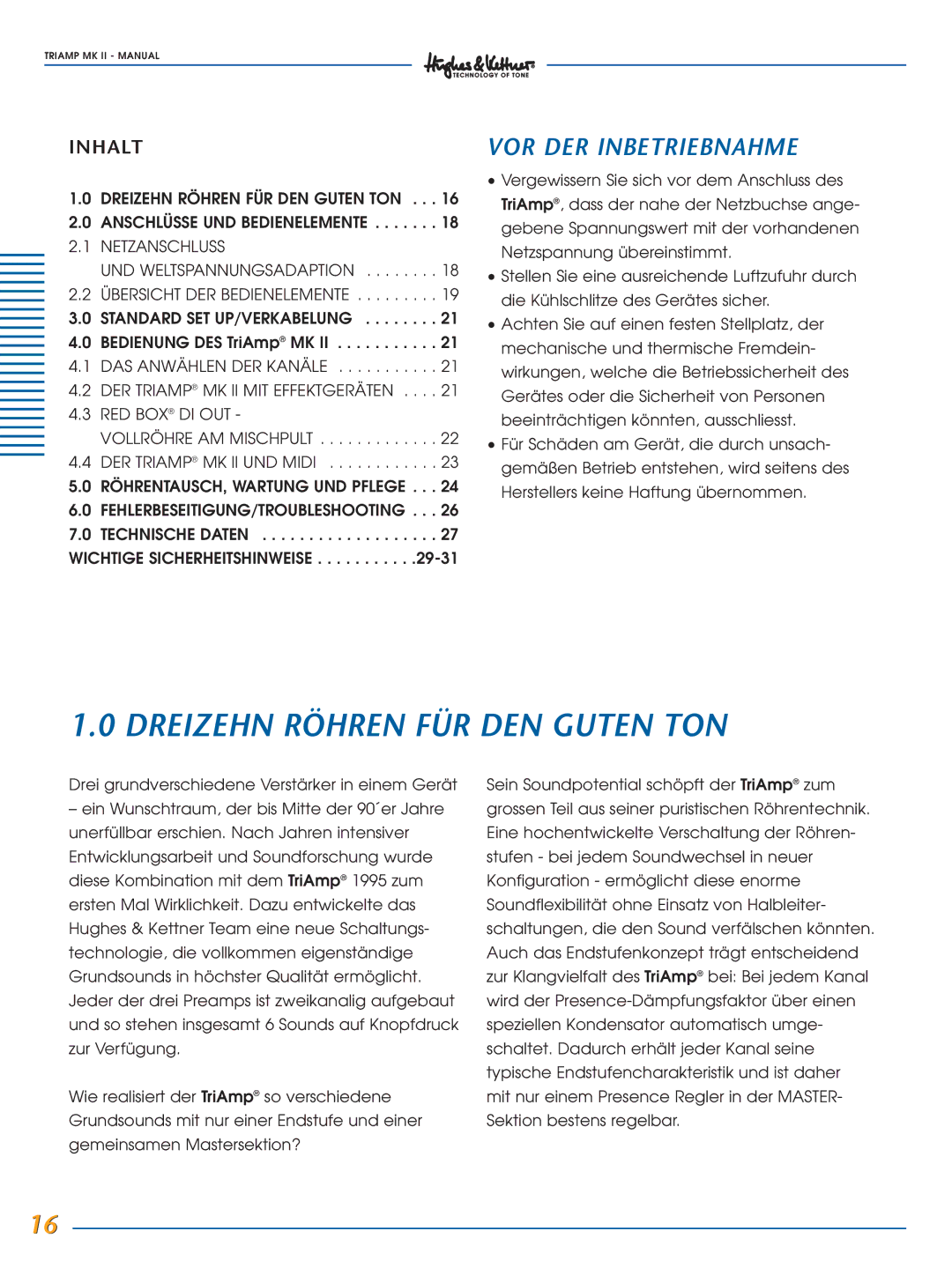 Hughes & Kettner MK II manual Dreizehn Röhren FÜR DEN Guten TON, VOR DER Inbetriebnahme, Inhalt 