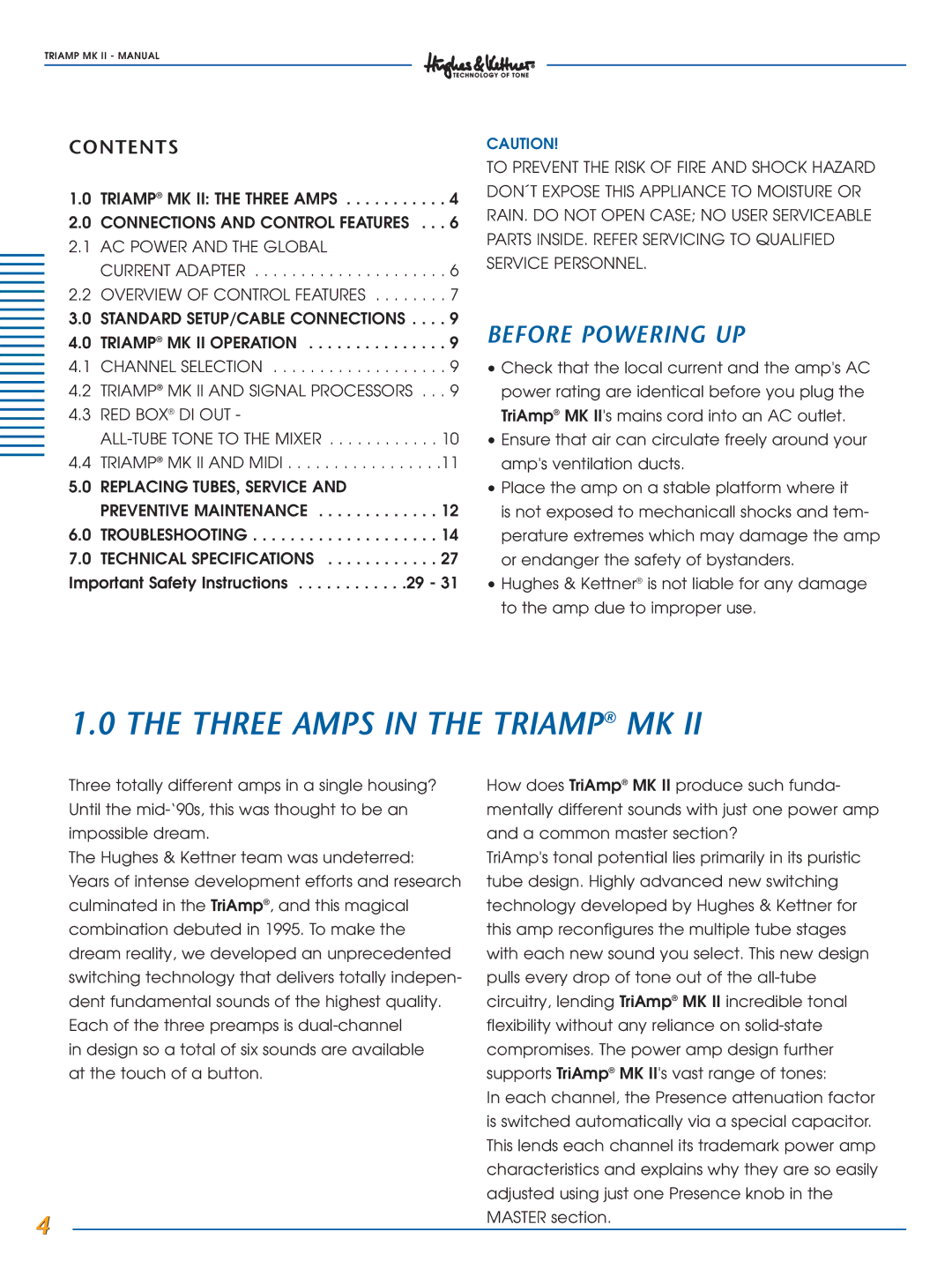 Hughes & Kettner MK II manual Three Amps in the Triamp MK, Before Powering UP, Contents 