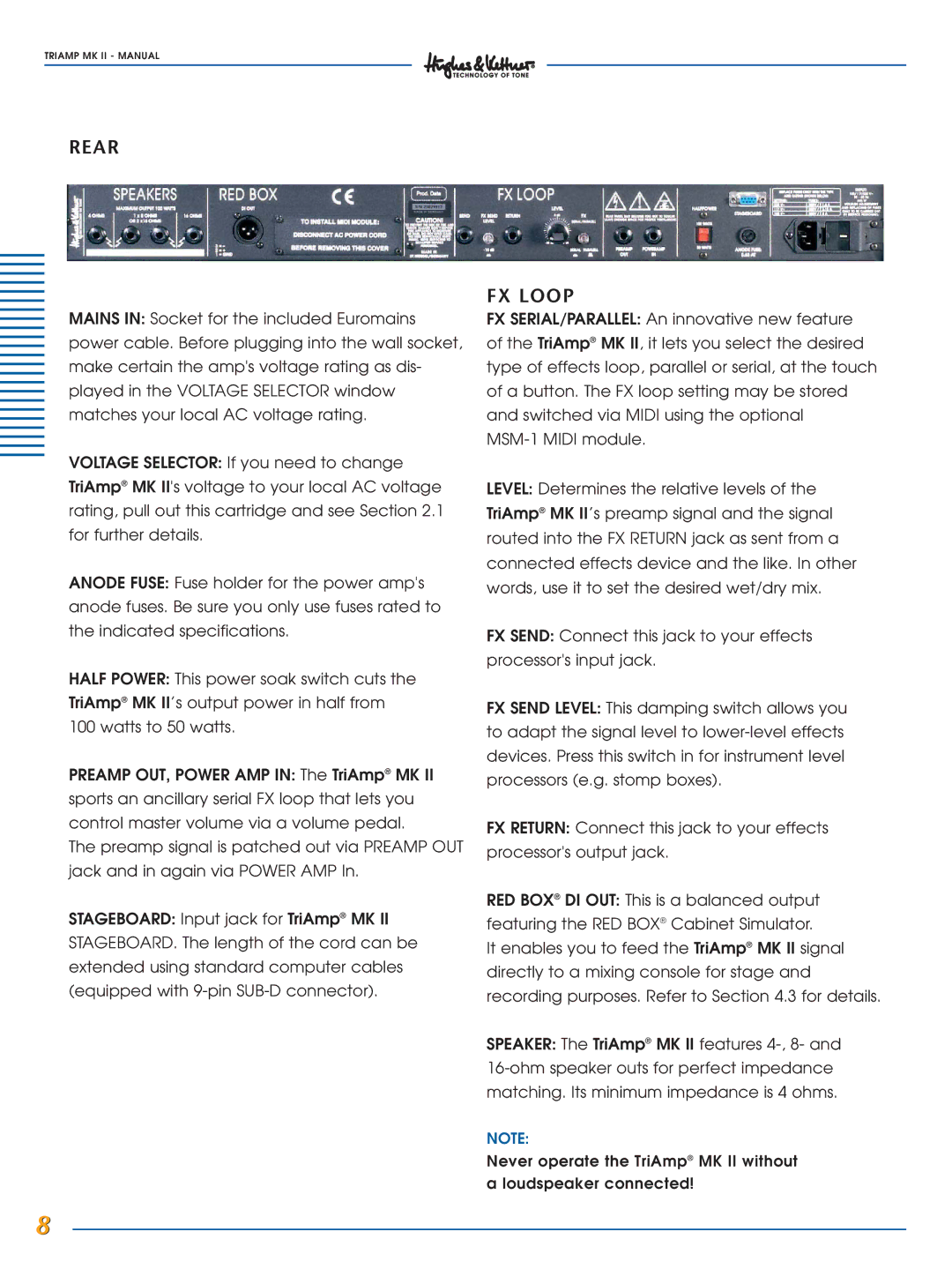 Hughes & Kettner MK II manual Rear, FX Loop 