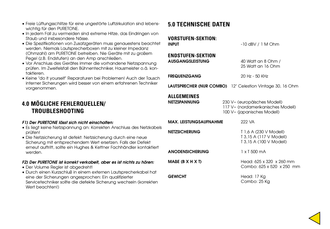 Hughes & Kettner Puretone Technische Daten, Vorstufen-Sektion, Endstufen-Sektion, Mögliche FEHLERQUELLEN/ Troubleshooting 