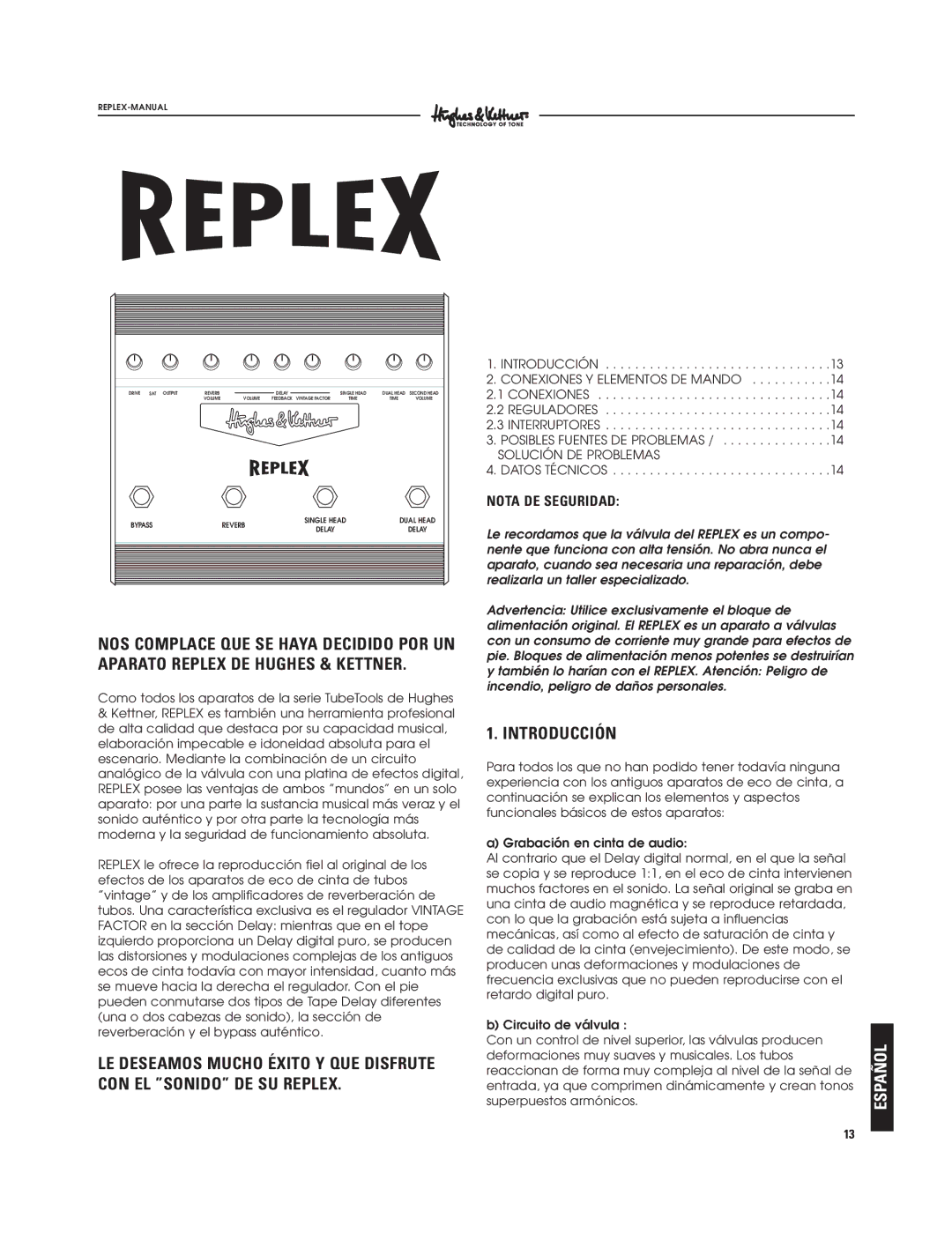 Hughes & Kettner Tape Delay Simulator manual Introducción, Nota DE Seguridad 