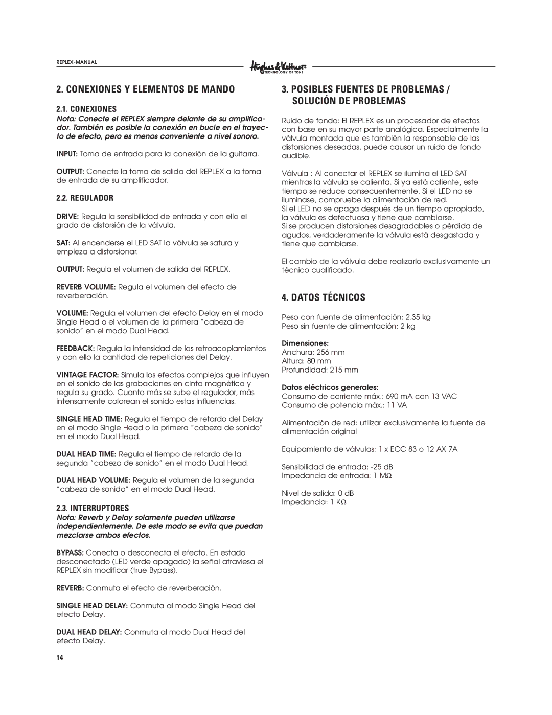 Hughes & Kettner Tape Delay Simulator manual Conexiones Y Elementos DE Mando, Datos Técnicos 