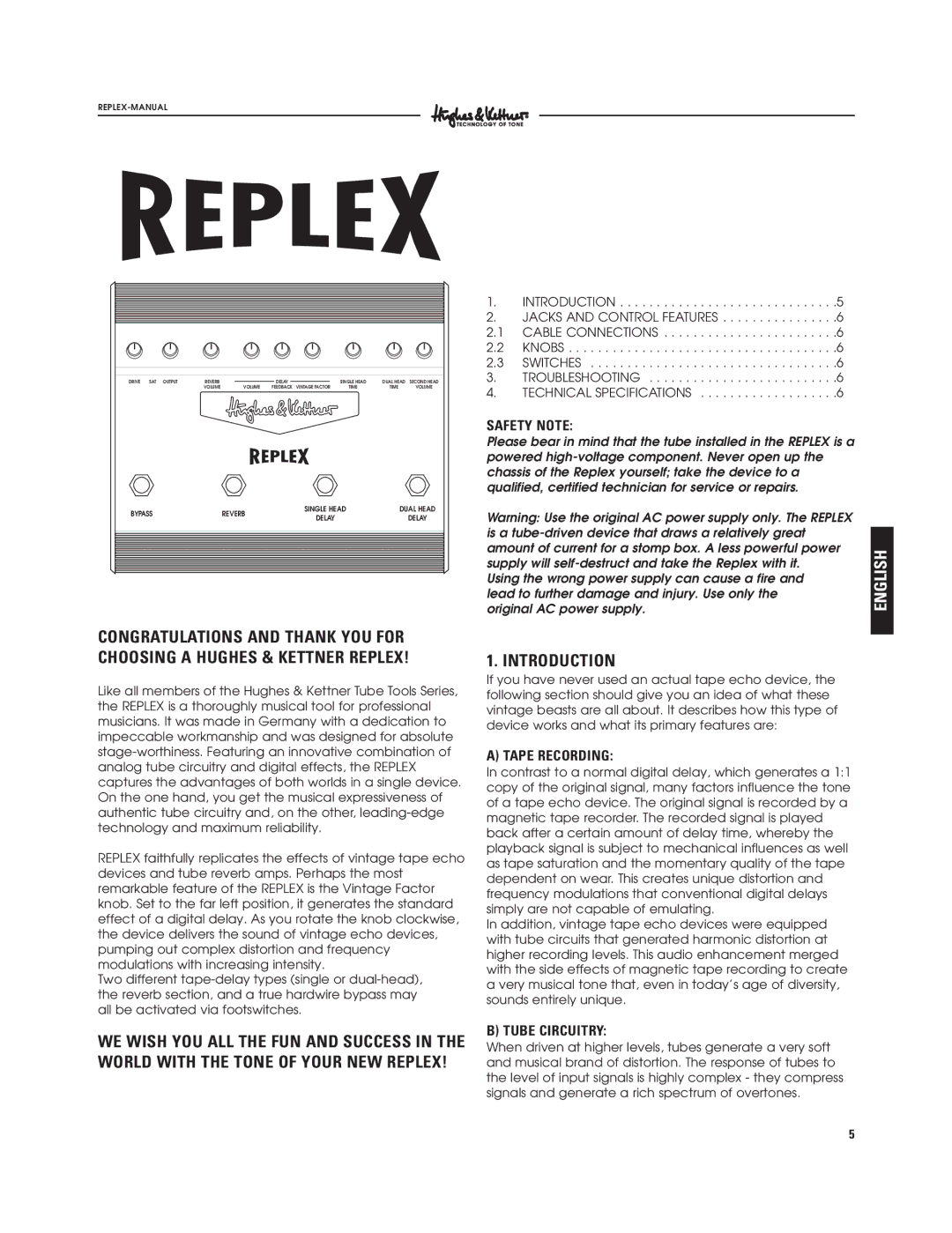 Hughes & Kettner Tape Delay Simulator manual Introduction, English, Safety Note, Tape Recording, Tube Circuitry 