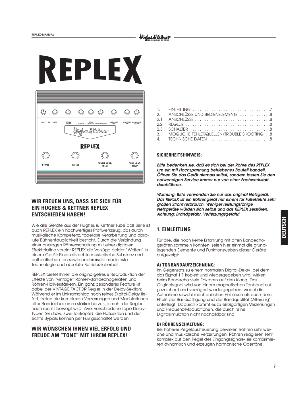 Hughes & Kettner Tape Delay Simulator manual Einleitung, Deutsch, Sicherheitshinweis, Tonbandaufzeichnung, Röhrenschaltung 