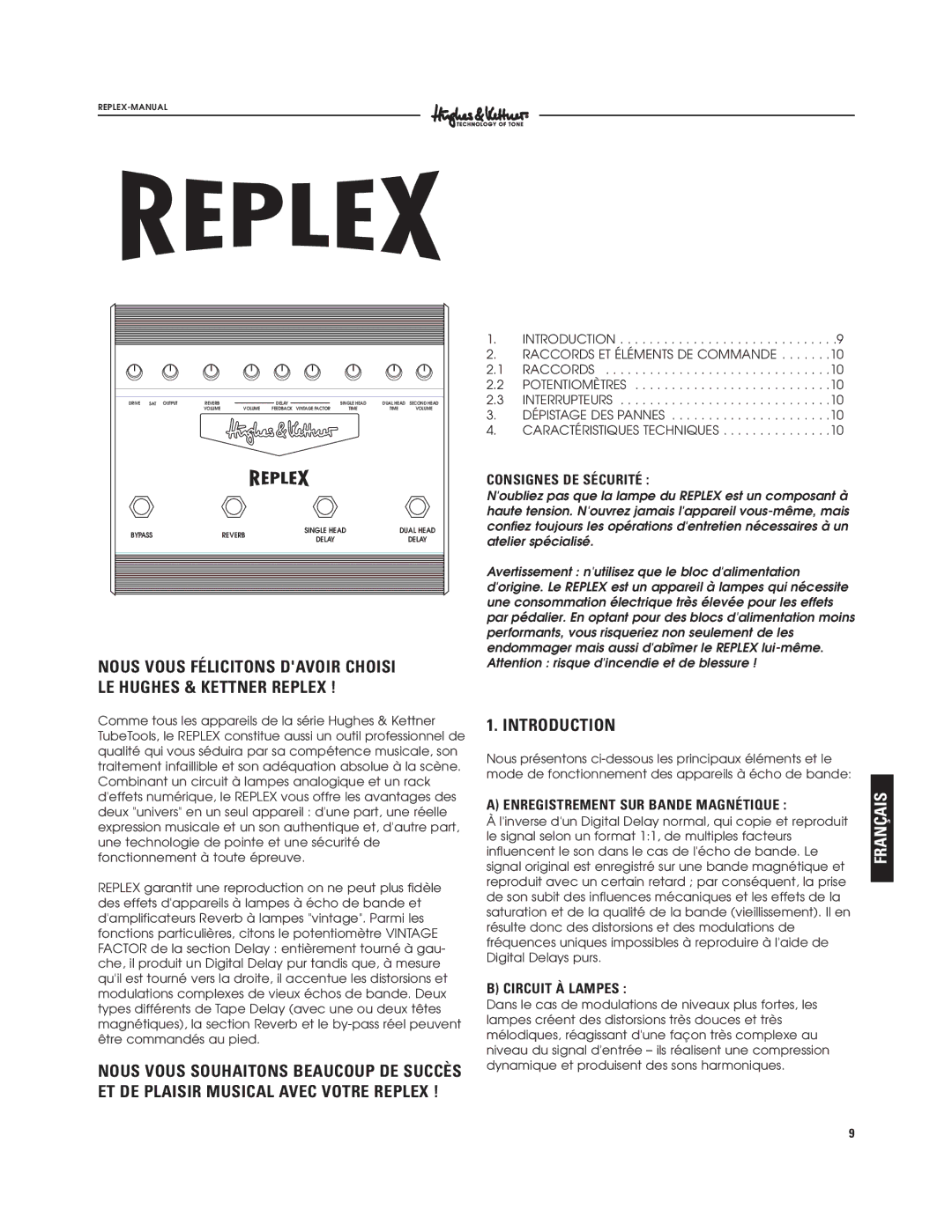 Hughes & Kettner Tape Delay Simulator manual Français, Consignes DE Sécurité, Enregistrement SUR Bande Magnétique 