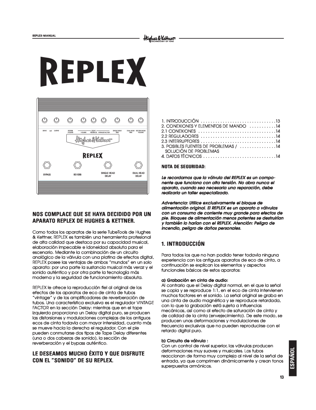 Hughes & Kettner Tape Delay Simulator manual Introducción, Español 