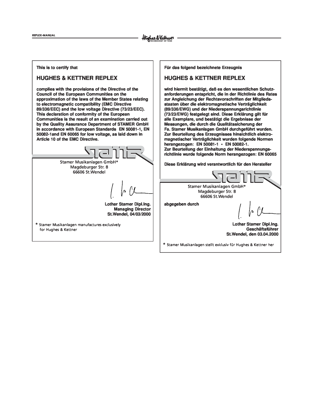 Hughes & Kettner Tape Delay Simulator manual Hughes & Kettner Replex, This is to certify that, St.Wendel, 04/03/2000 
