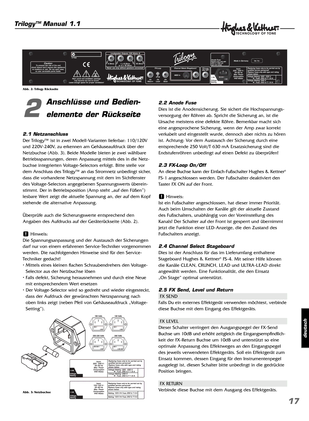 Hughes & Kettner TrilogyTM manual Anschlüsse und Bedien Elemente der Rückseite, Netzanschluss, FX-Loop On/Off 