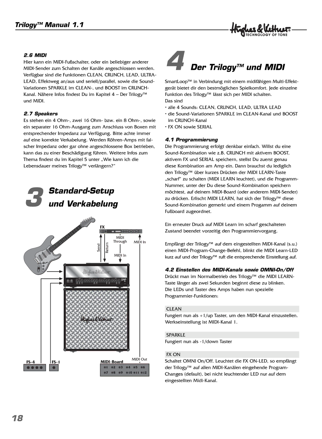 Hughes & Kettner TrilogyTM manual Standard-Setup Und Verkabelung Der Trilogy und Midi, Programmierung 