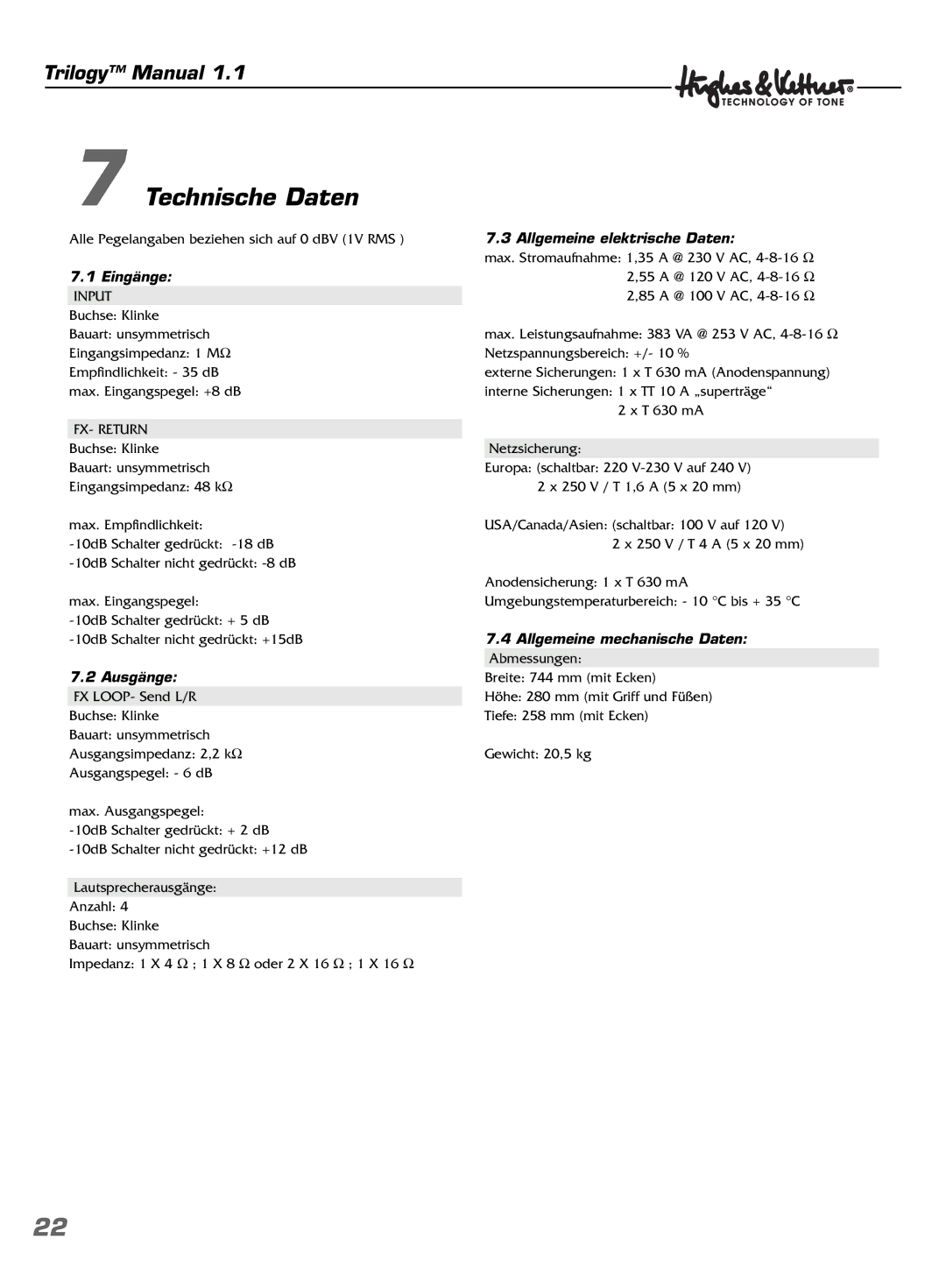 Hughes & Kettner TrilogyTM manual Technische Daten, Eingänge, Ausgänge, Allgemeine elektrische Daten 