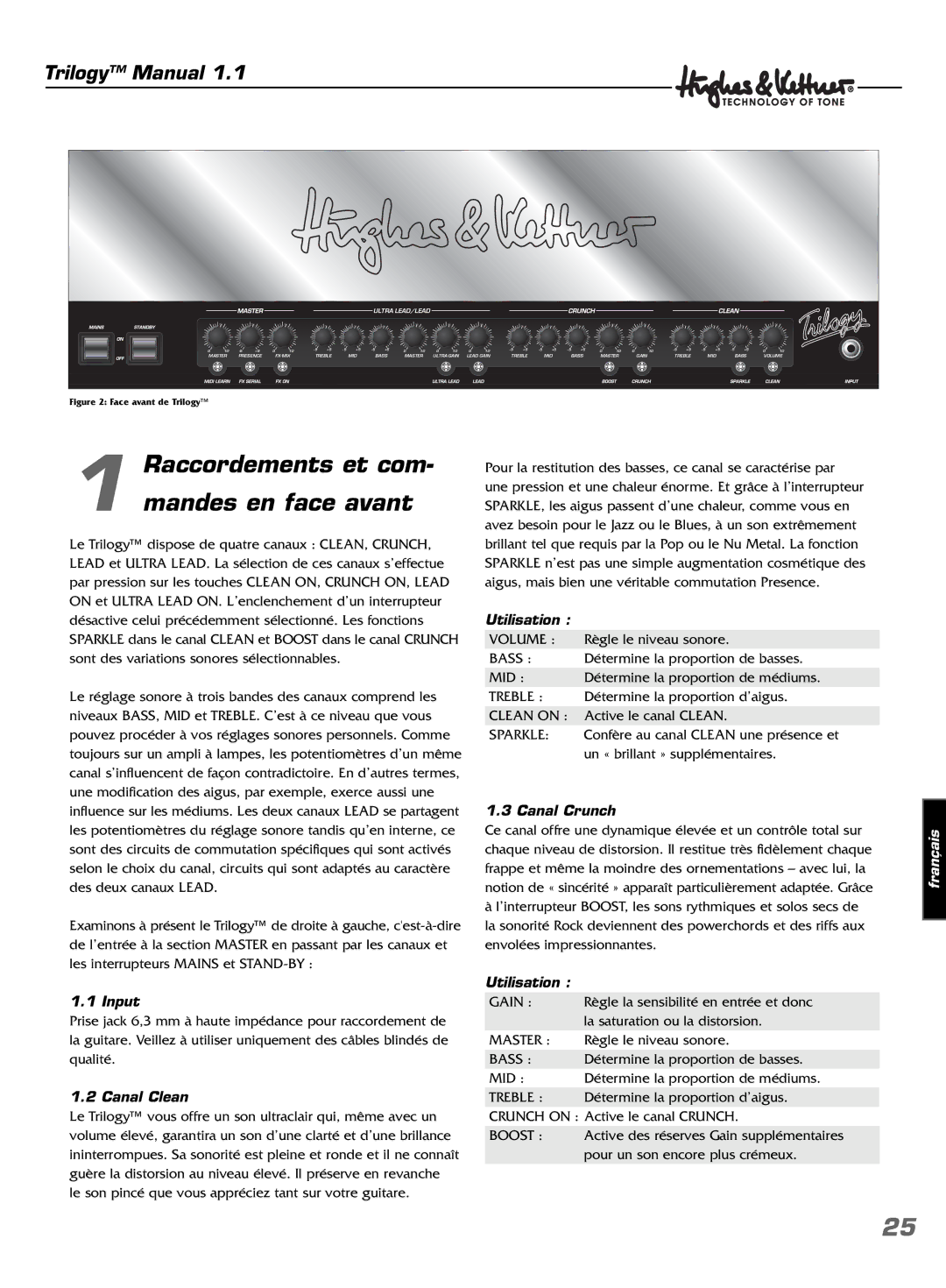 Hughes & Kettner TrilogyTM manual Raccordements et com Mandes en face avant, Canal Clean, Utilisation, Canal Crunch 