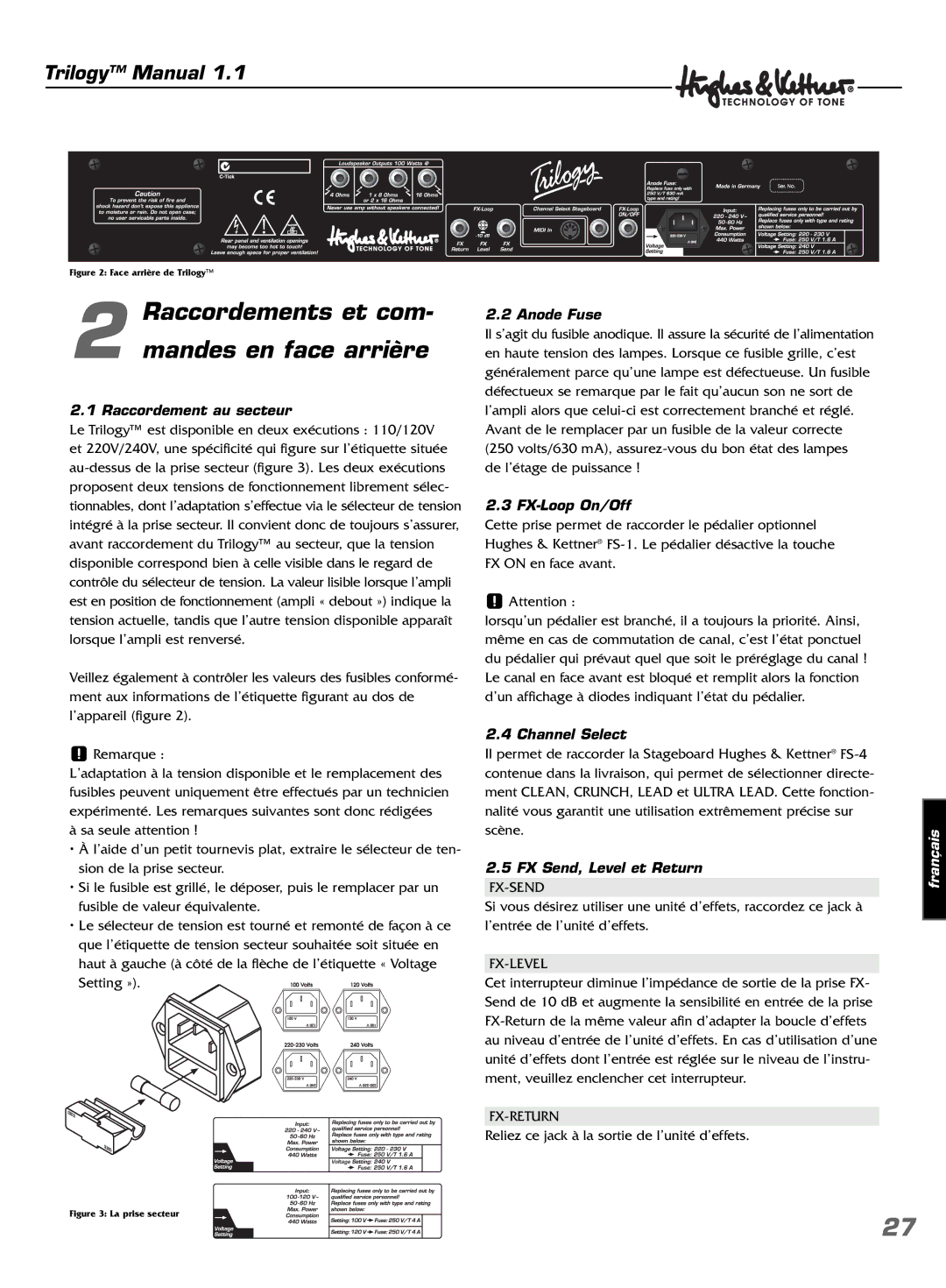 Hughes & Kettner TrilogyTM manual Raccordements et com Mandes en face arrière, Raccordement au secteur, Channel Select 