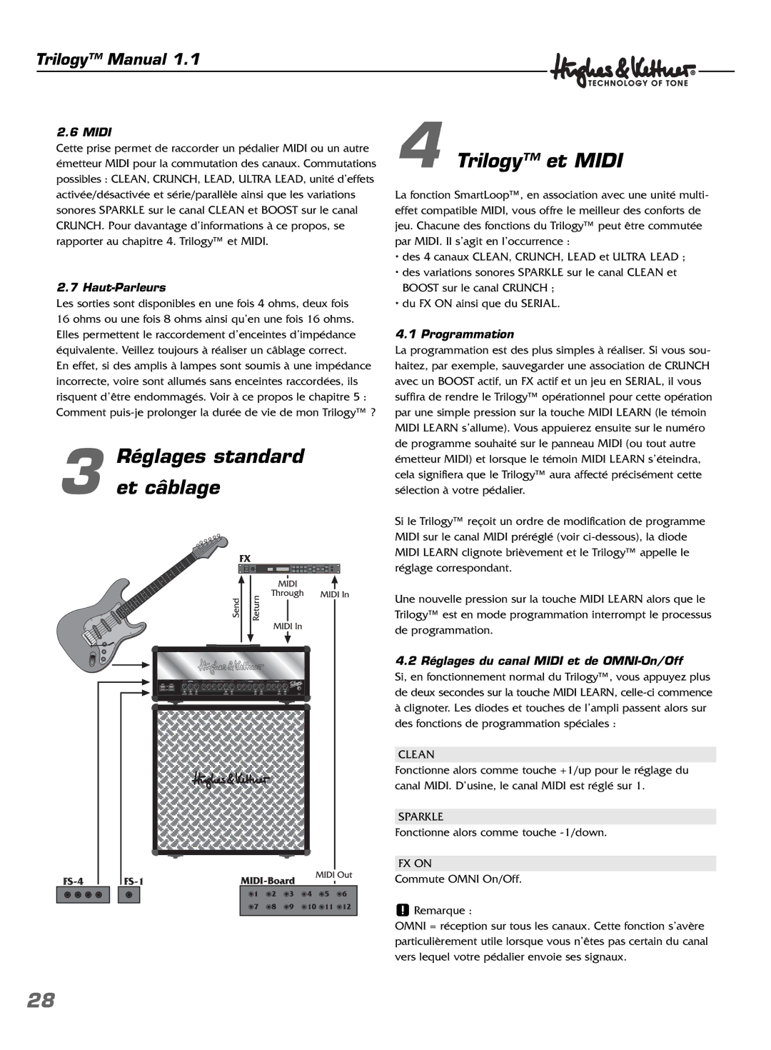 Hughes & Kettner TrilogyTM manual Réglages standard Et câblage Trilogy et Midi, Haut-Parleurs, Programmation 