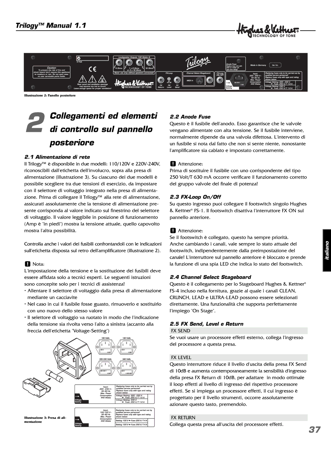 Hughes & Kettner TrilogyTM manual Alimentazione di rete, FX Send, Level e Return 