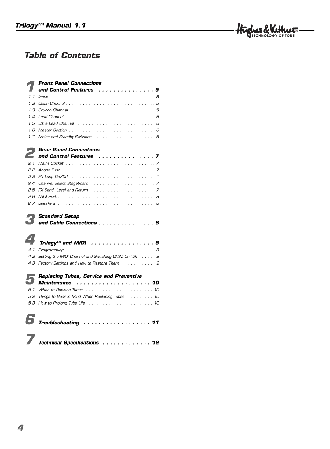 Hughes & Kettner TrilogyTM manual Table of Contents 