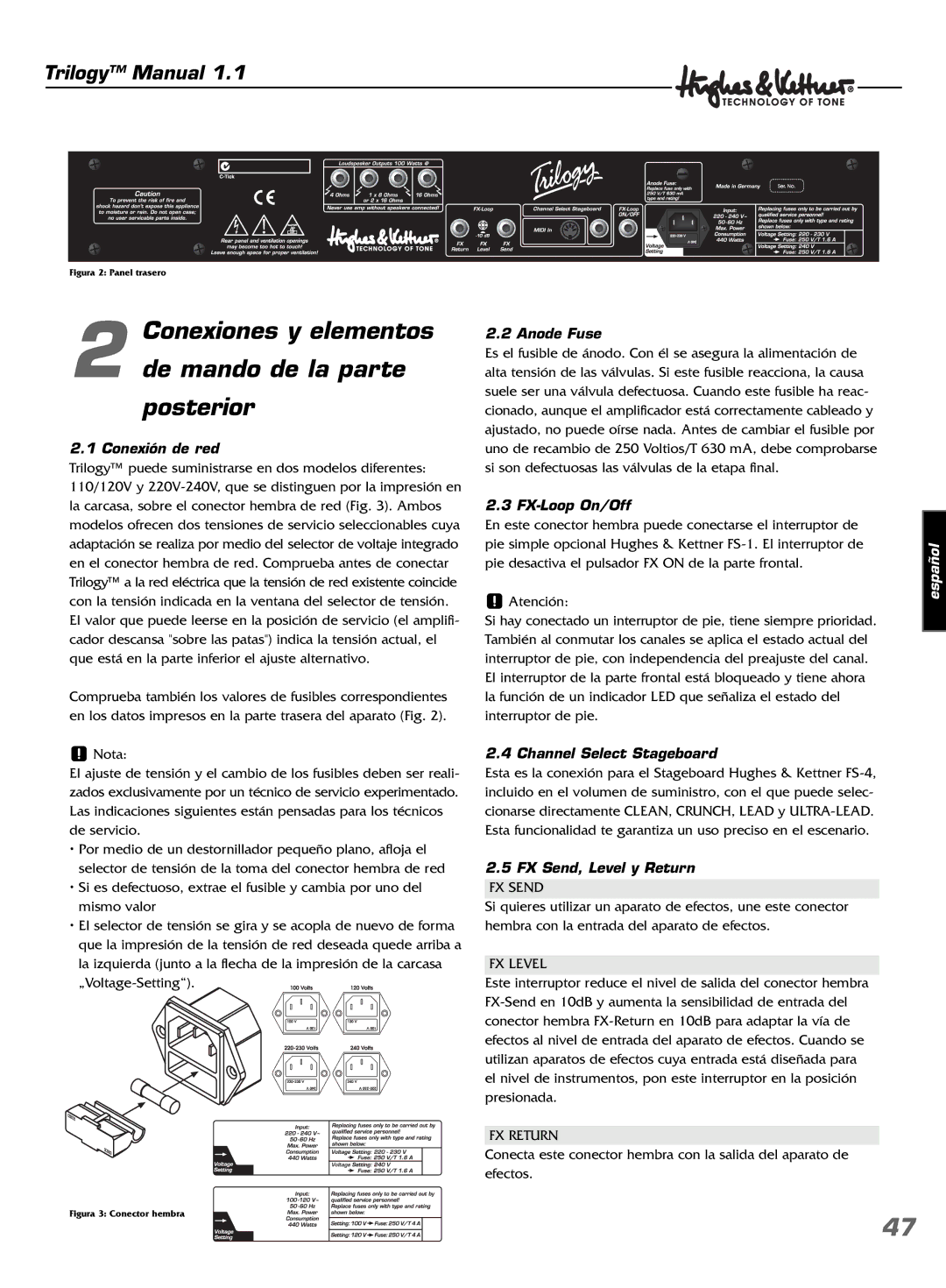 Hughes & Kettner TrilogyTM Conexiones y elementos De mando de la parte Posterior, Conexión de red, FX Send, Level y Return 