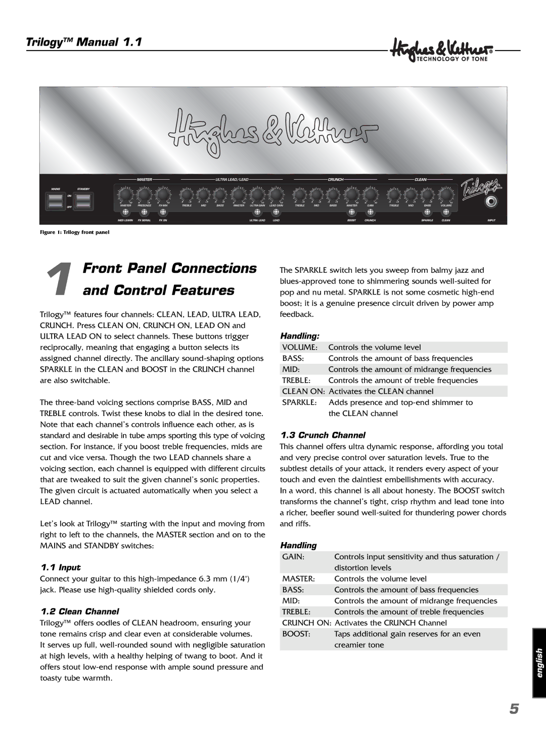 Hughes & Kettner TrilogyTM manual Front Panel Connections Control Features, Input, Clean Channel, Handling, Crunch Channel 