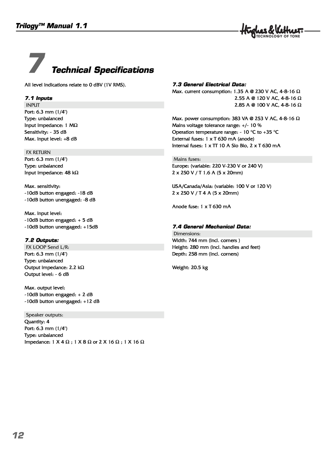 Hughes & Kettner TrilogyTM manual Technical Specifications, Trilogy Manual, Inputs, Outputs, General Electrical Data 