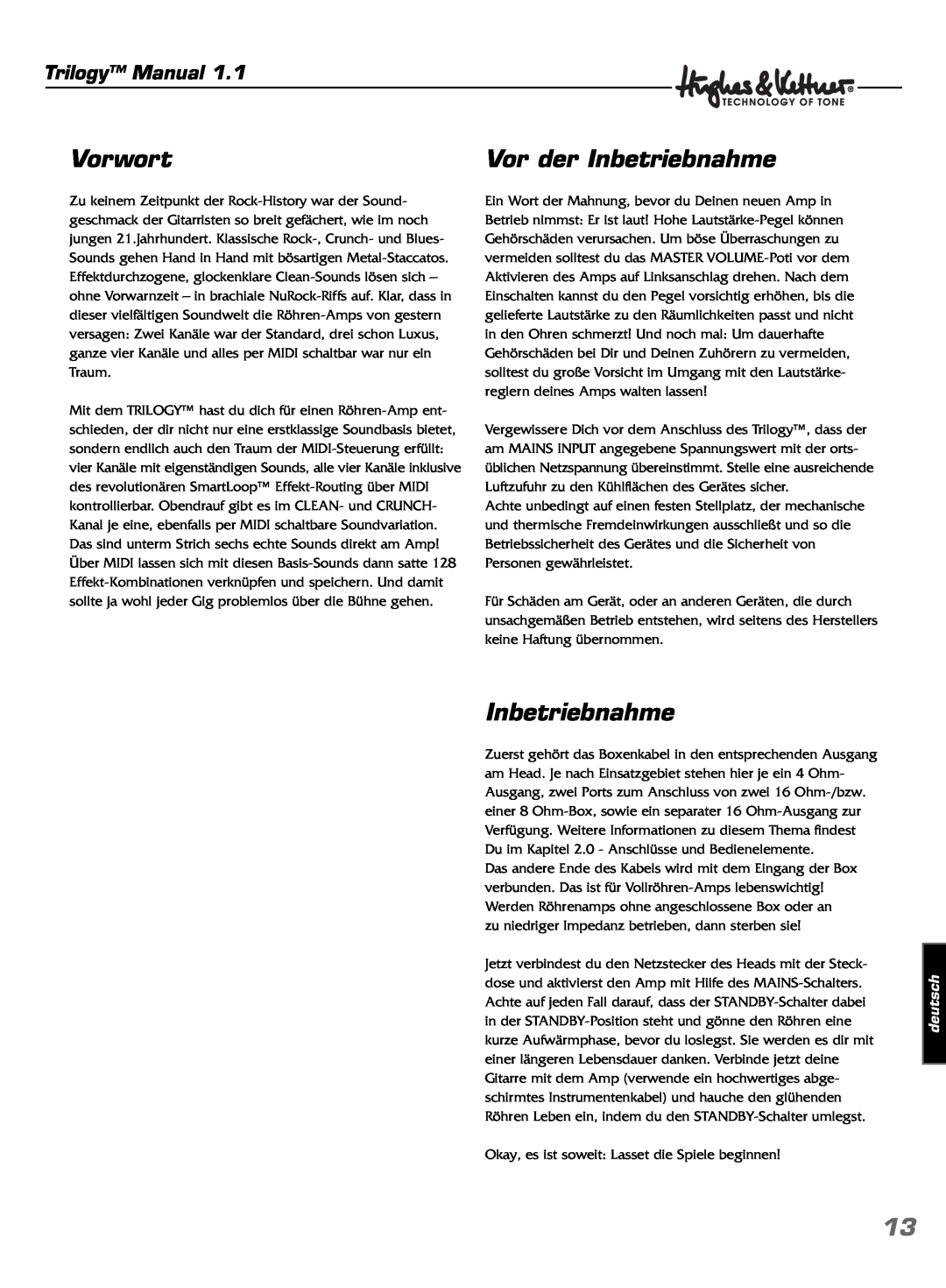 Hughes & Kettner TrilogyTM manual Vorwort, Vor der Inbetriebnahme, deutsch, Trilogy Manual 