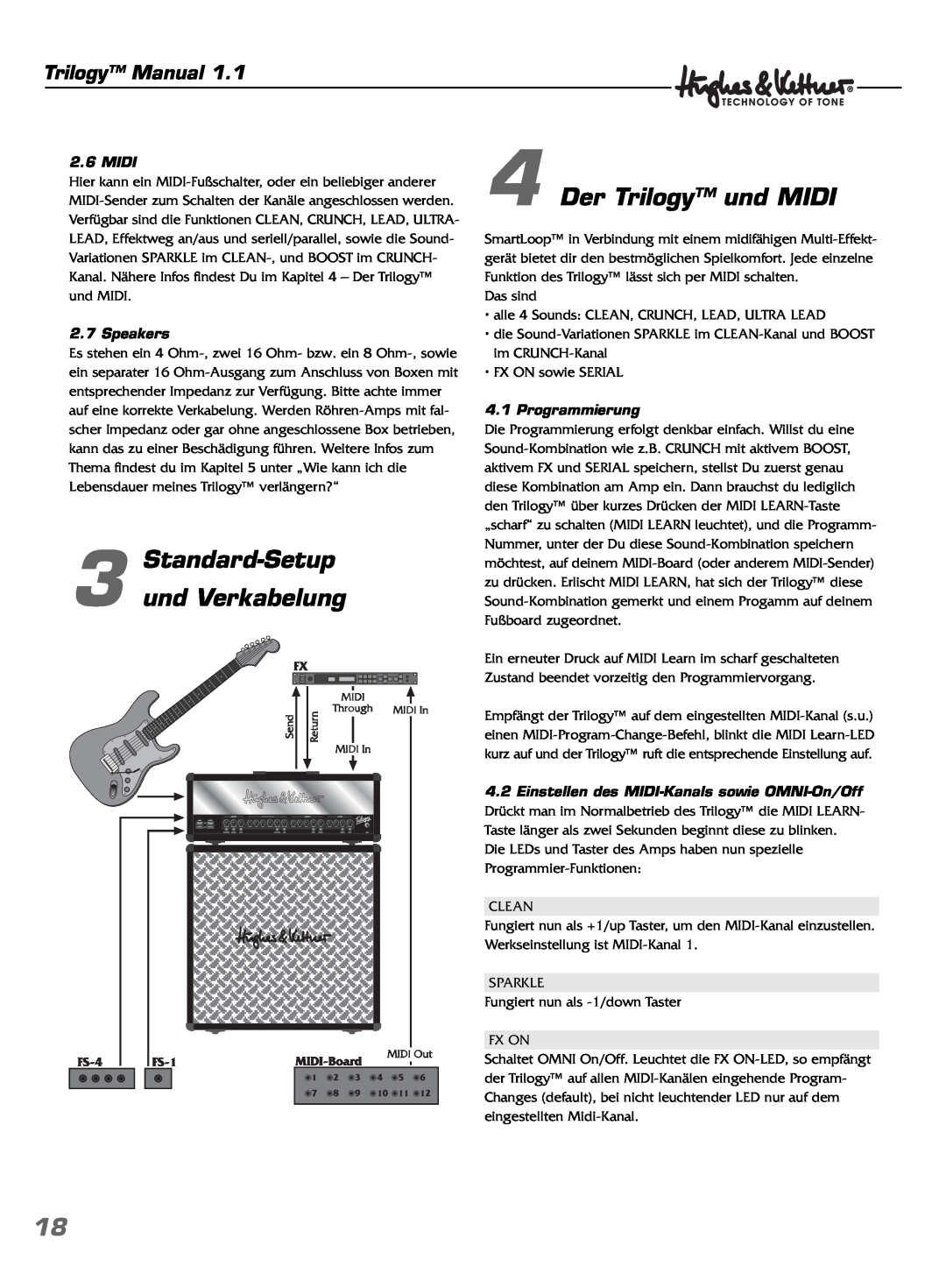 Hughes & Kettner TrilogyTM manual Standard-Setup 3 und Verkabelung, Der Trilogy und MIDI, Trilogy Manual, Midi, Speakers 