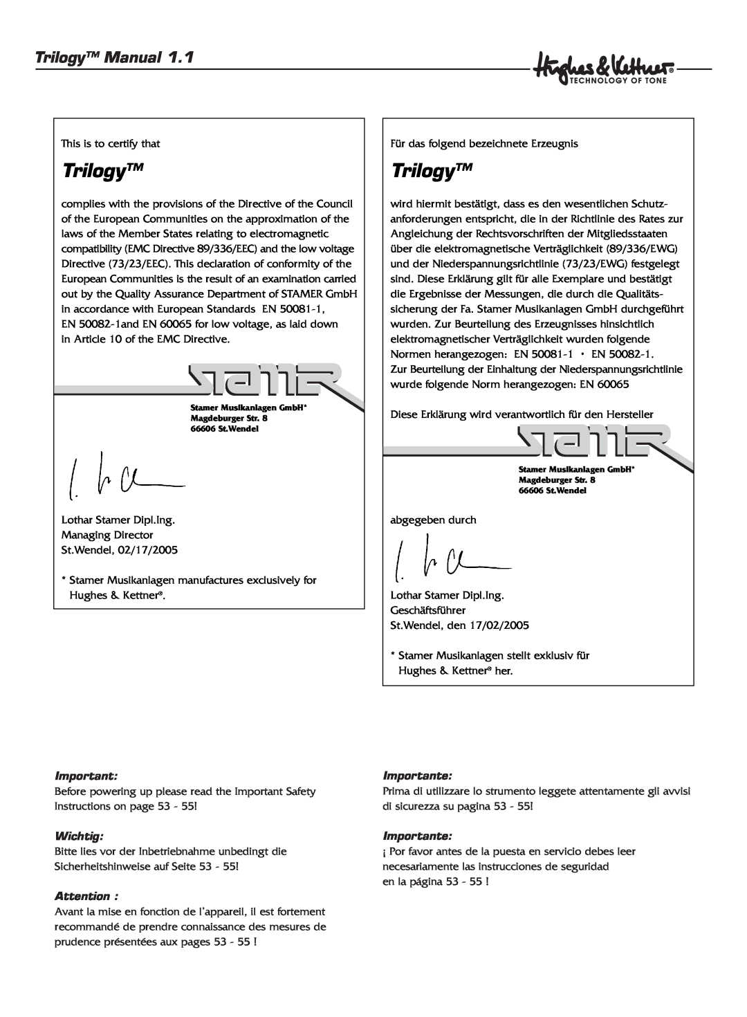Hughes & Kettner TrilogyTM manual Trilogy Manual, Wichtig, Importante 