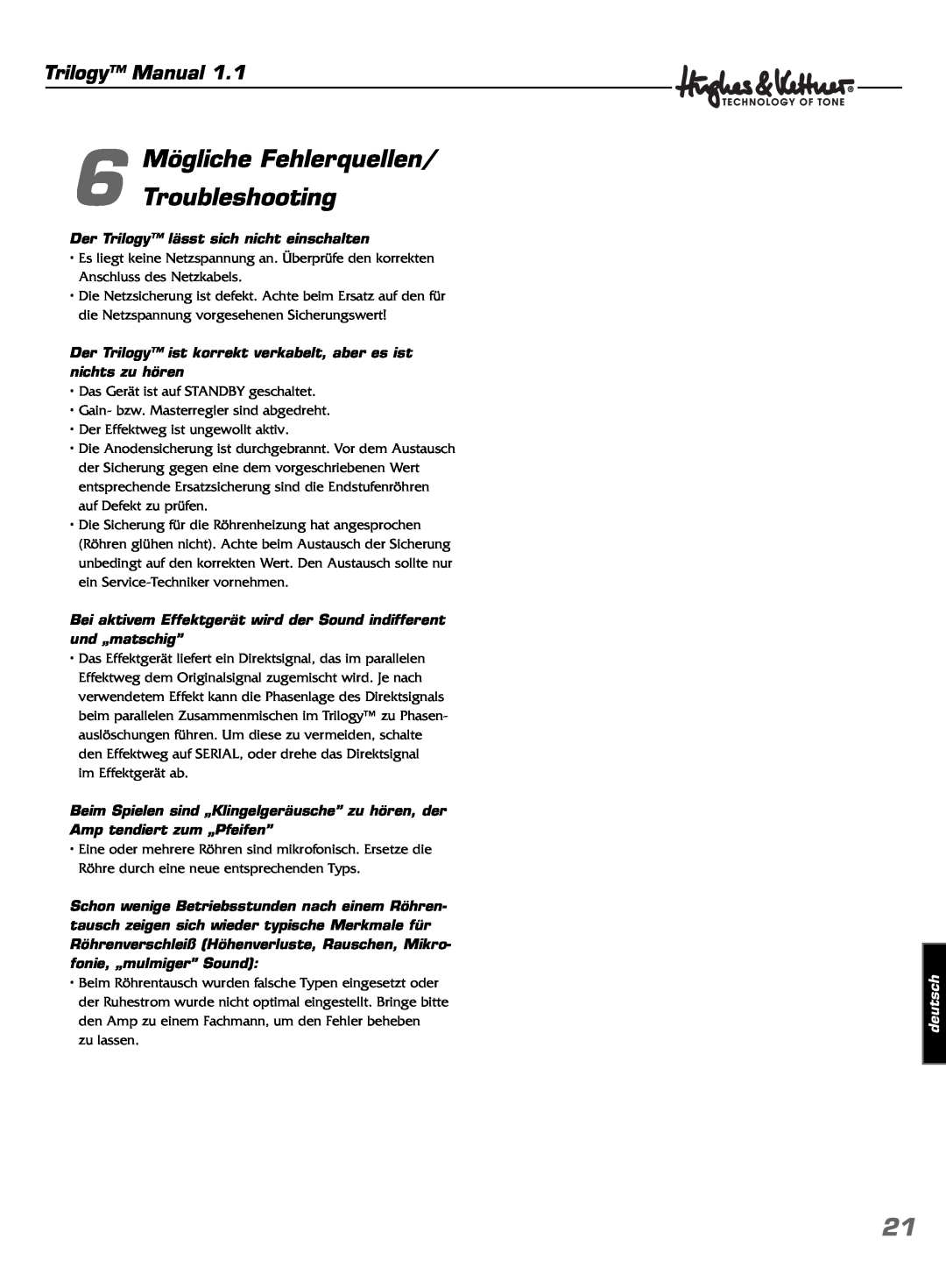 Hughes & Kettner TrilogyTM manual Mögliche Fehlerquellen 6 Troubleshooting, Trilogy Manual, deutsch 