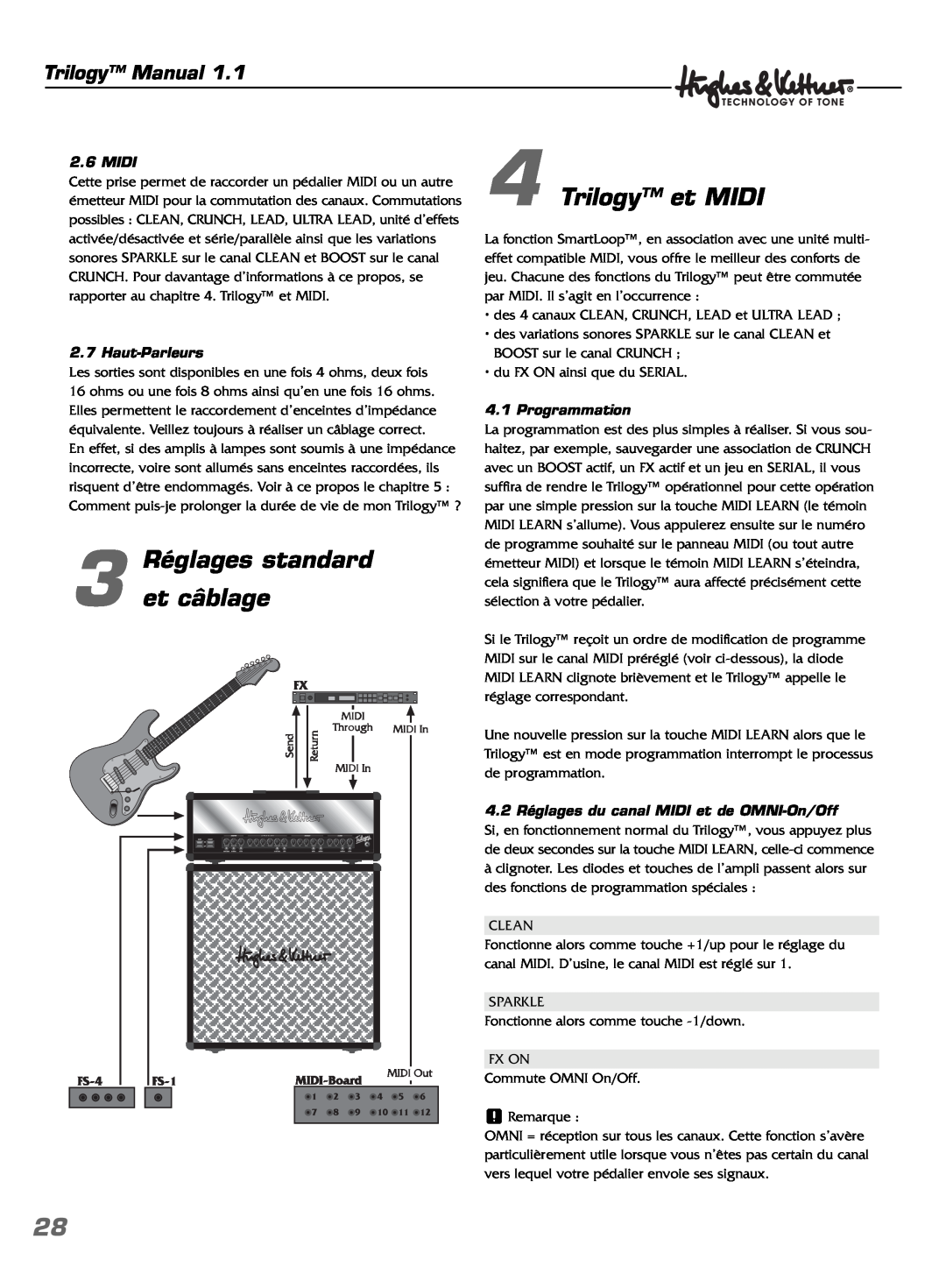 Hughes & Kettner TrilogyTM manual Réglages standard 3 et câblage, Trilogy et MIDI, Trilogy Manual, Midi, Haut-Parleurs 
