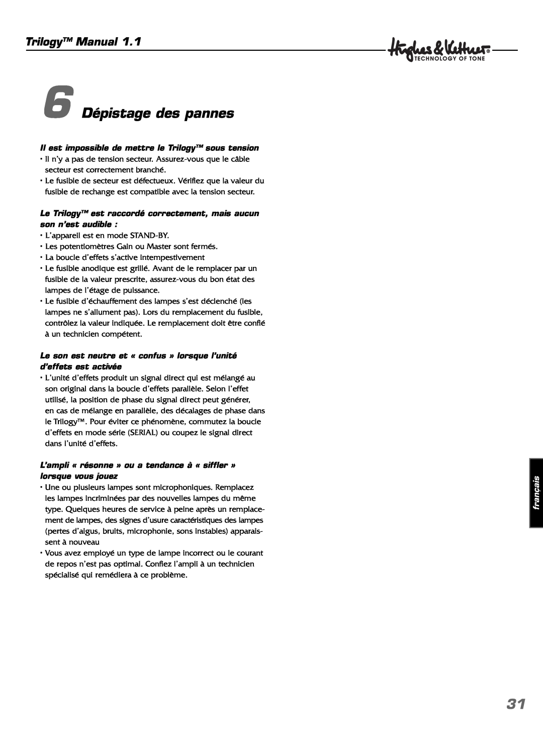 Hughes & Kettner TrilogyTM manual 6 Dépistage des pannes, Trilogy Manual, français 