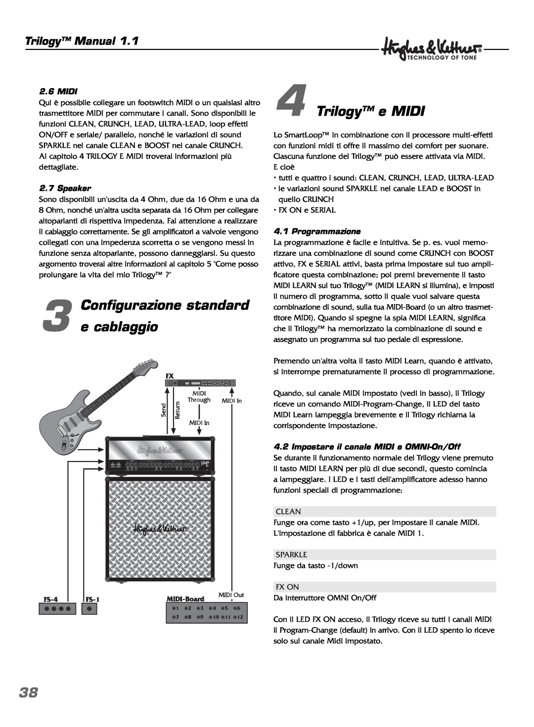 Hughes & Kettner TrilogyTM manual Configurazione standard 3 e cablaggio, Trilogy e MIDI, Trilogy Manual, Midi, Speaker 