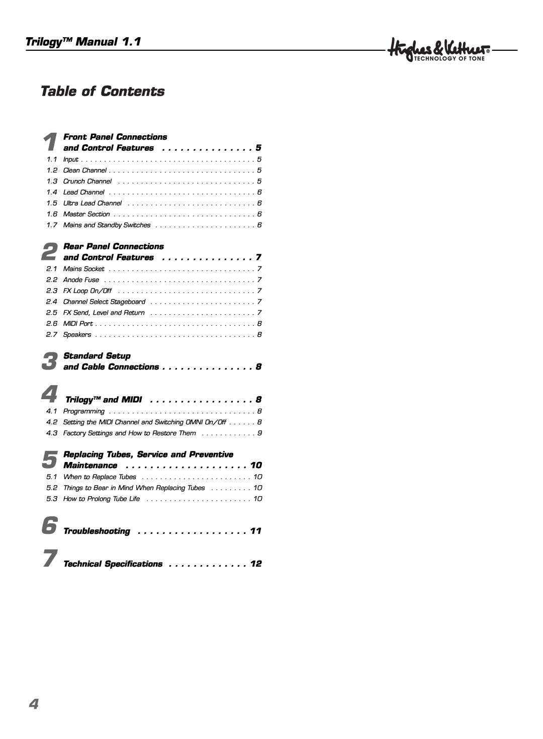 Hughes & Kettner TrilogyTM manual Table of Contents, Trilogy Manual 