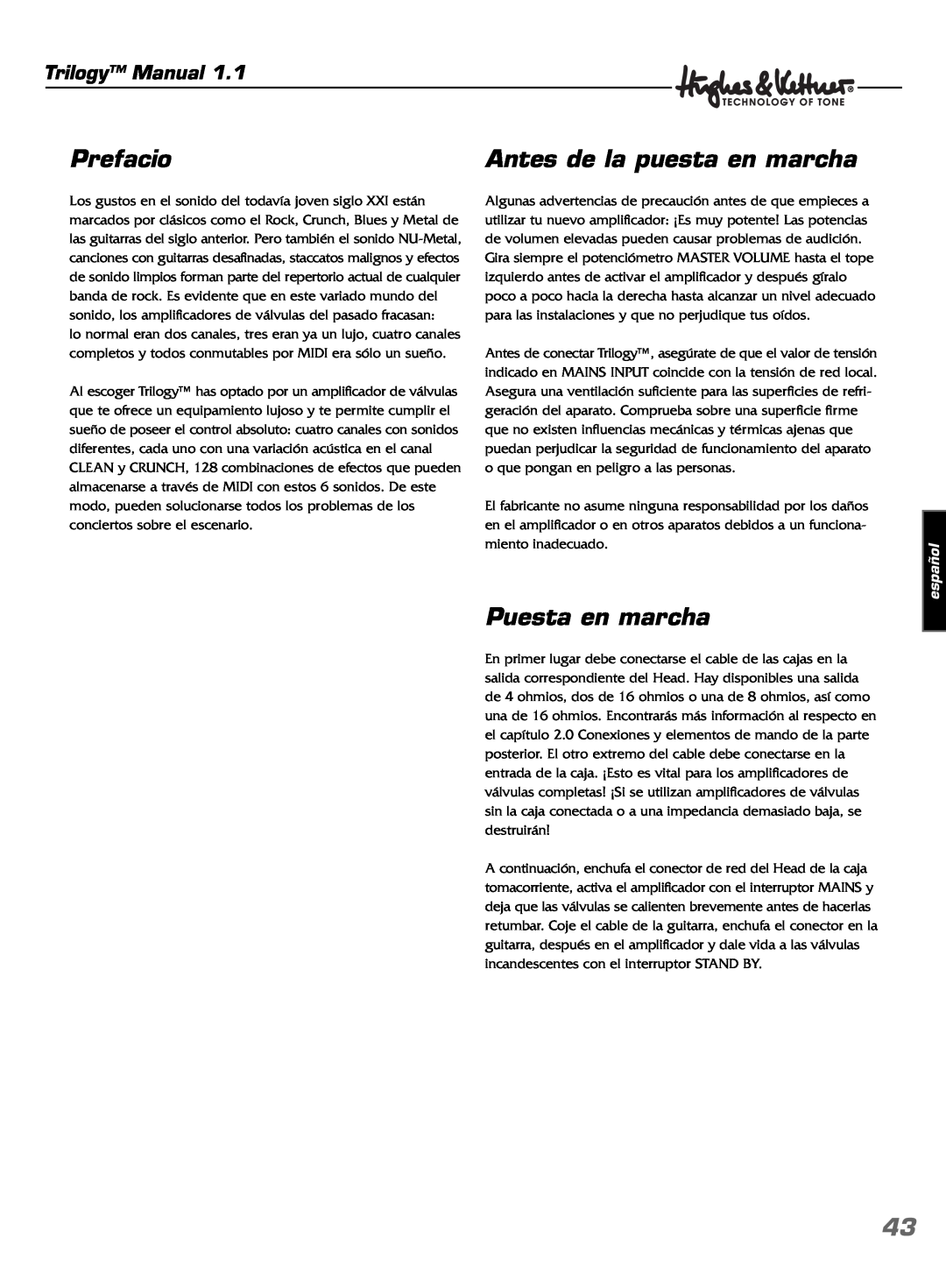 Hughes & Kettner TrilogyTM manual Prefacio, Antes de la puesta en marcha, Puesta en marcha, español, Trilogy Manual 