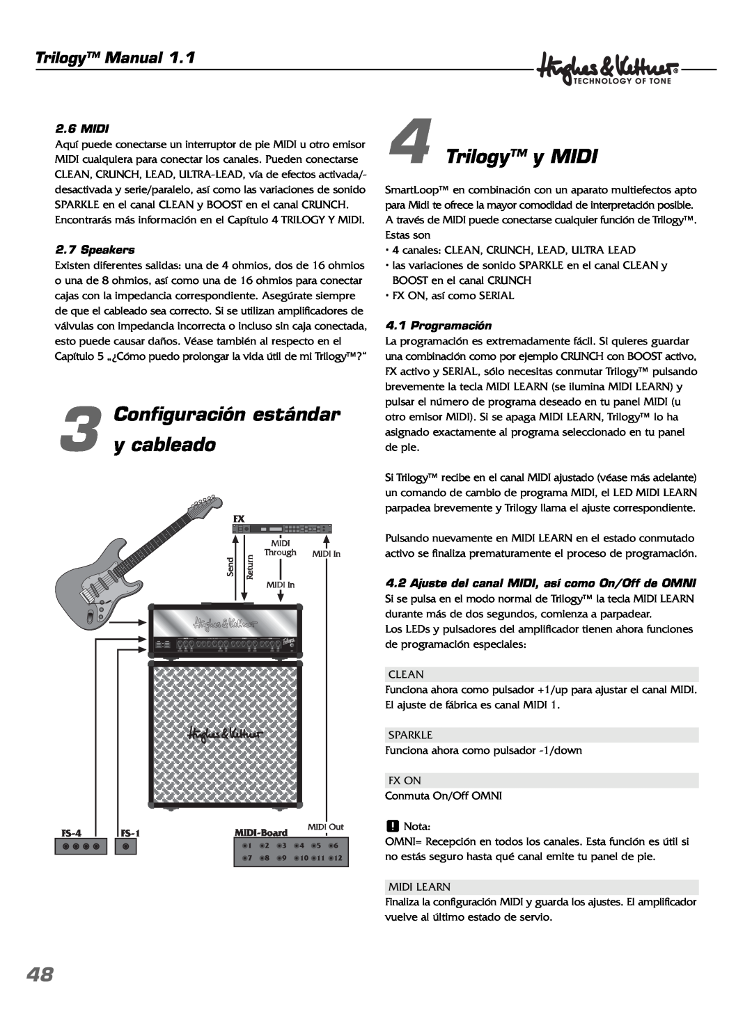 Hughes & Kettner TrilogyTM manual Configuración estándar 3 y cableado, Trilogy y MIDI, Trilogy Manual, Midi, Speakers 