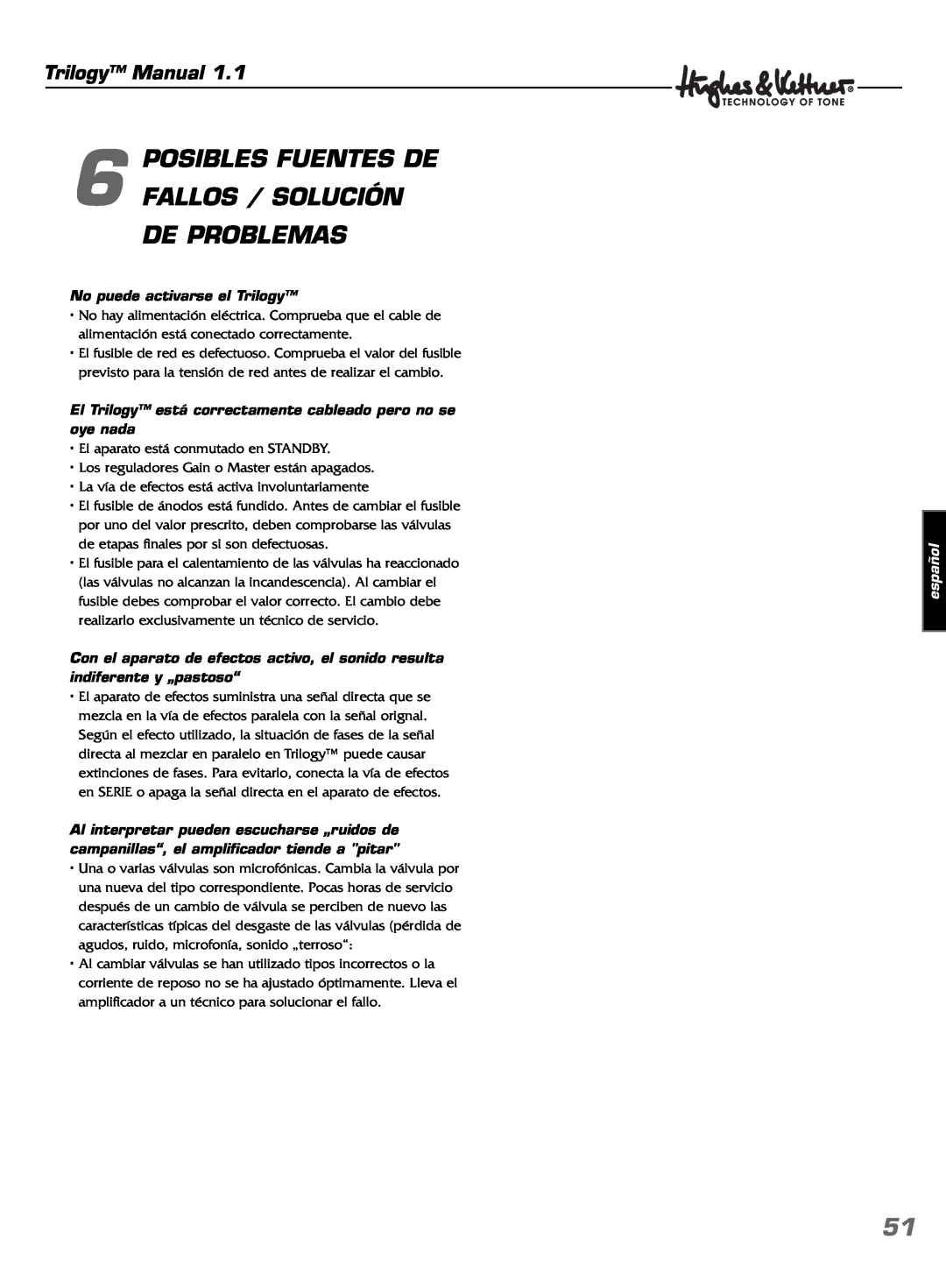 Hughes & Kettner TrilogyTM manual POSIBLES FUENTES DE 6 FALLOS / SOLUCIÓN, De Problemas, Trilogy Manual, español 
