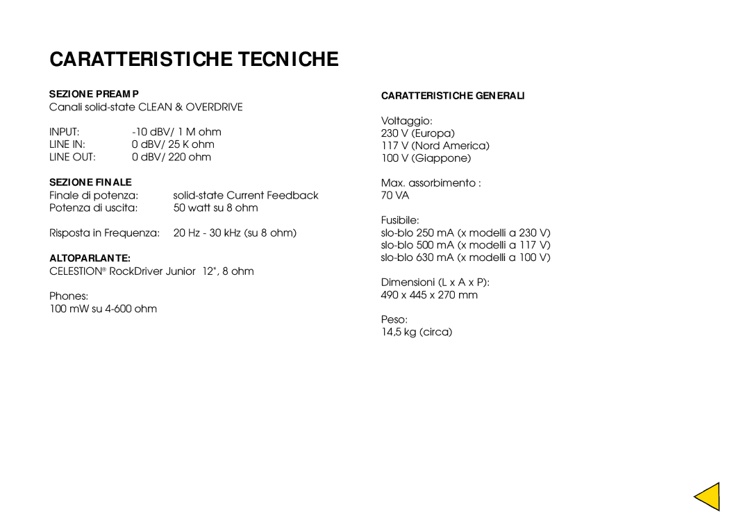 Hughes & Kettner Triplex manual Sezione Preamp, Sezione Finale, Altoparlante, Caratteristiche Generali 