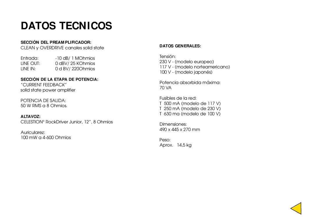 Hughes & Kettner Triplex manual Sección DEL Preamplificador, Sección DE LA Etapa DE Potencia, Altavoz, Datos Generales 