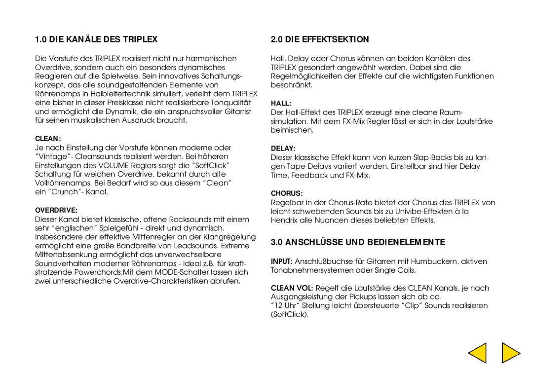 Hughes & Kettner manual Die Kanäle Des Triplex, Die Effektsektion, Anschlüsse Und Bedienelemente, Hall, Clean, Overdrive 