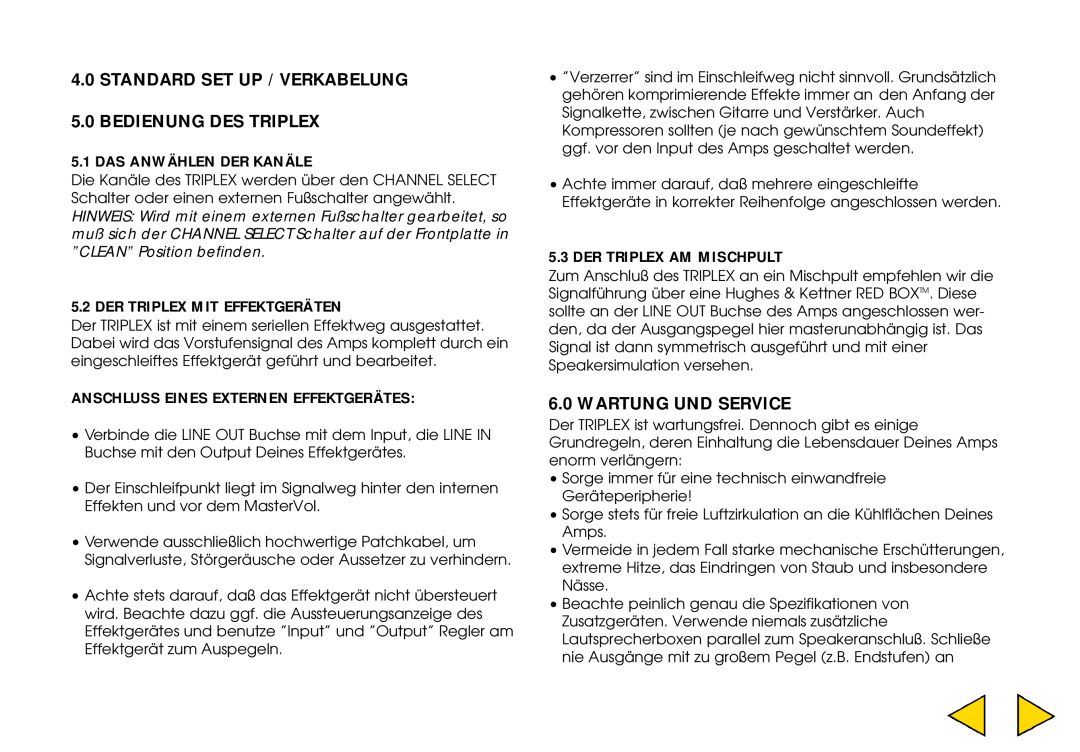 Hughes & Kettner Triplex manual STANDARD SET UP / VERKABELUNG 5.0 BEDIENUNG DES TRIPLEX, Wartung Und Service 